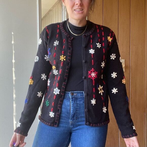 VTG Holiday Party Snow Flakes Snowmen Cardigan Ugly Christmas Sweater by Segue H - Picture 2 of 8